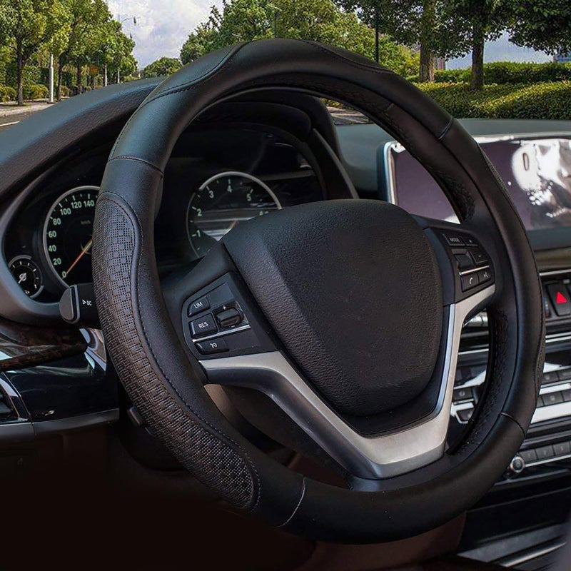 Valleycomfy Leather Steering Wheel Covers Universal 15 inch -Breathable, Anti Slip & Odor Free (Black with Black Lines,M(14" 1/2-15" 1/4))